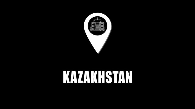  Location pin icon with city skyline and Kazakhstan text on black background. GPS location tracking icon.