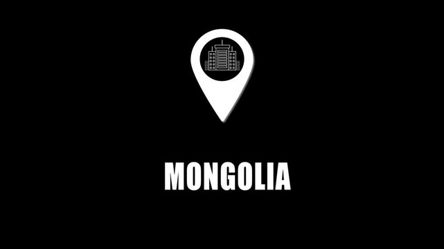  Location pin icon with city skyline and Mongolia text on black background. GPS location tracking icon.