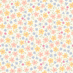 Vector illustration. Seamless pattern of pastel pink, yellow, blue flowers on a light background. Delicate floral pattern, field of small flowers, print for fabric, textile, wallpaper © Viktoriia Pushenko