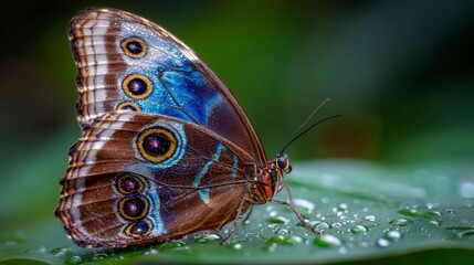 Macro closeup of a beautiful blue Morpho butterfly, an insect of the Lepidoptera family, with brown wings resting on a green leaf in a tropical garden