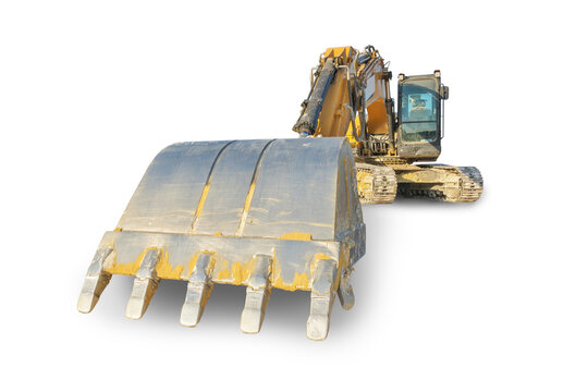 Yellow excavator machines isolated on white.