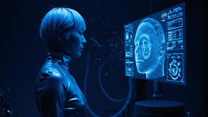 woman studies hologram on screen. brain scan on monitor displays ai profile. technology and futurism merge in clinical digital environment. imaging data and neural analysis support medical assessment. - Powered by Adobe