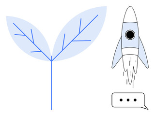 Abstract leaf with a branching pattern beside a launching rocket and dialogue bubble. Ideal for innovation, sustainability, growth, eco-technology, startups, entrepreneurship, future progress, simple