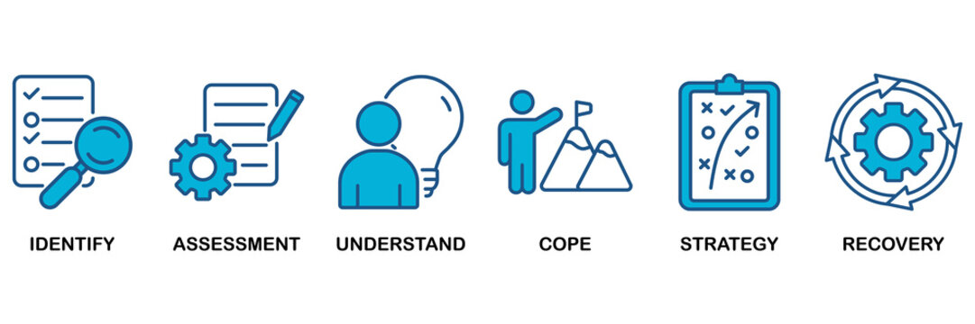 Crisis management icon set vector illustration concept for business strategy and organization of risk and crisis with identify, assessment, understand, cope, strategy and recovery procedure icon