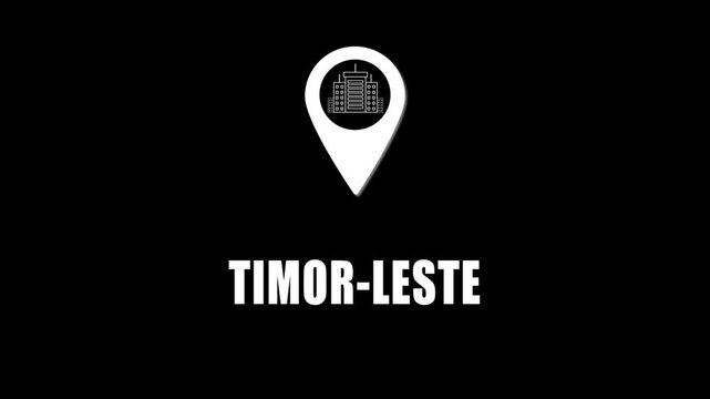 Location pin icon with city skyline and Timor-Leste  text on black background. GPS location tracking icon.