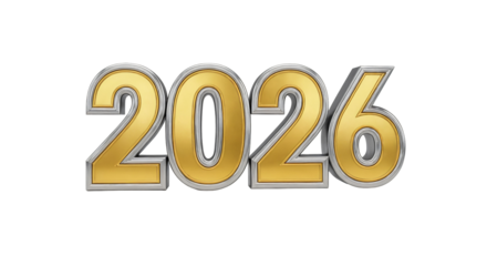 A 3D rendering of the number "2026" is centered against a transparent background. Prosperity and great feelings for the coming new year.