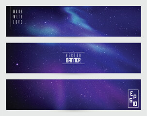 Blue aurora borealis. Purple Northern lights. Cosmic vector banner set