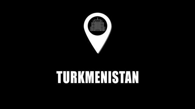 Location pin icon with city skyline and Turkmenistan text on black background. GPS location tracking icon.