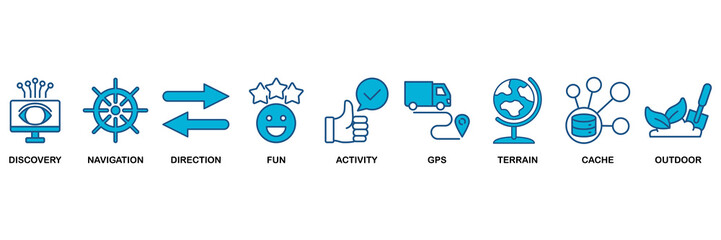 Geocaching icon set Blue Monochrome Flat Design concept for discovery, navigation, direction, fun, activity, gps, terrain, cache and outdoor © Roronoa15