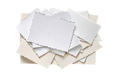 torn lined notebook paper pieces various sizes irregular edges stacked overlapping white cream tones, isolated on a transparent background