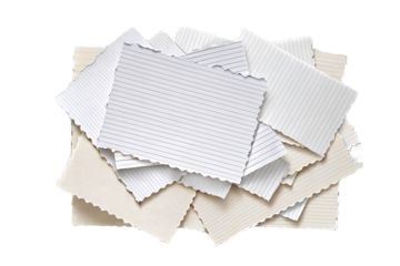 torn lined notebook paper pieces various sizes irregular edges stacked overlapping white cream tones, isolated on a transparent background