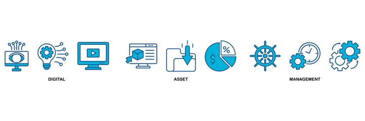 Dam icon set Blue Monochrome Flat Design concept for digital asset management with icon of binary, automation, processing, design, data, network, and connection