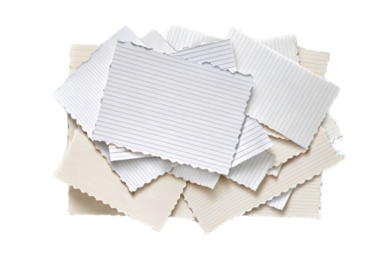 torn lined notebook paper pieces various sizes irregular edges stacked overlapping white cream tones, isolated on a transparent background