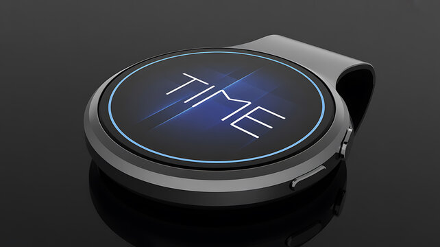 Futuristic digital watch displaying the word time with glowing blue light on a dark background