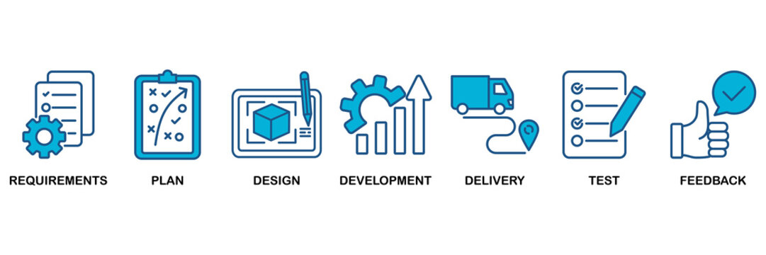 Business agility icon set Blue Monochrome Flat Design concept for requirements, plan, design, development, delivery, test, feedback