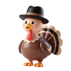 Fototapeta premium Thanksgiving Cute Turkey Bird Character Black Hat 3D Render Icon Illustration Cute Cartoon Style Design