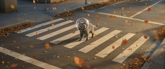 Curious gray cat in helmet walks street crosswalk. An imaginative animal adventure during whimsical autumn