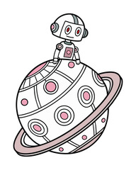 Robot Themed Metallic Planet Sticker with Gears and Cogs Illustration