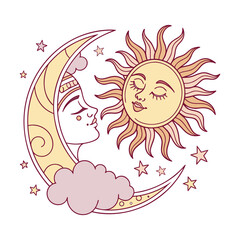 Romantic Moon and Sun Sticker Facing Each Other Illustration