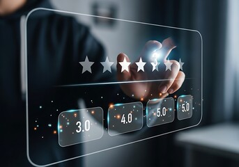 Digital feedback system showing a hand actively selecting the highest 5.0 score for a positive review.