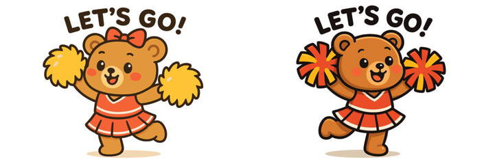 Cheerful bear character in vibrant outfit encouraging fun with pom-poms