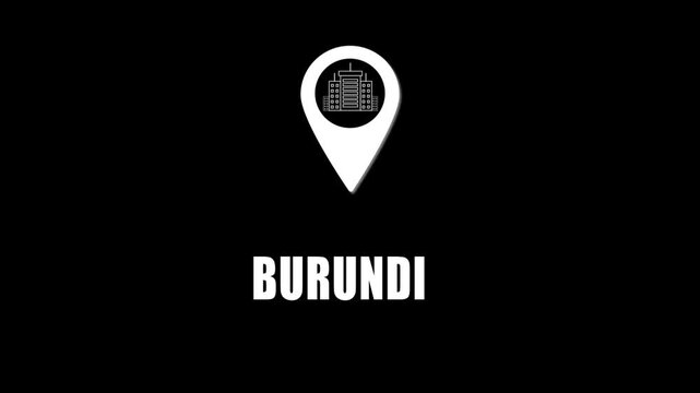 Location pin icon with city skyline and Burundi text on black background. GPS location tracking icon.