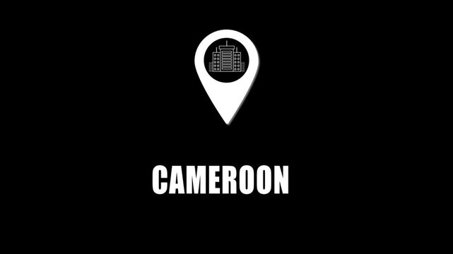 Location pin icon with city skyline and Cameroon text on black background. GPS location tracking icon.
