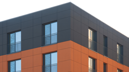 Modern apartment building facade with contrasting orange and dark gray panels, featuring clean lines and reflective windows for contemporary urban living.