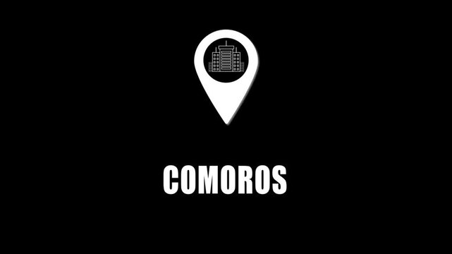 Location pin icon with city skyline and Comoros text on black background. GPS location tracking icon.