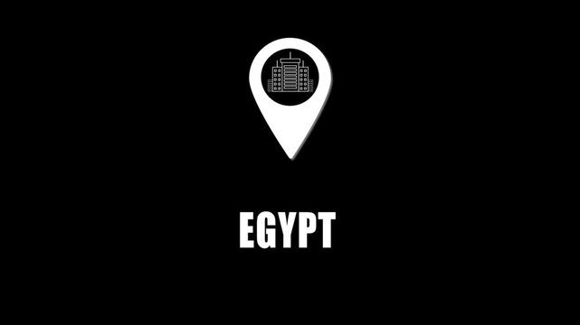 Location pin icon with city skyline and Egypt text on black background. GPS location tracking icon.