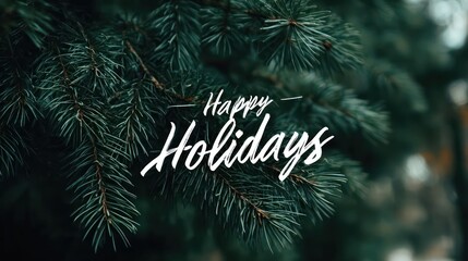 Festive happy holidays greeting written in elegant white script over a close up of dark green pine tree branches