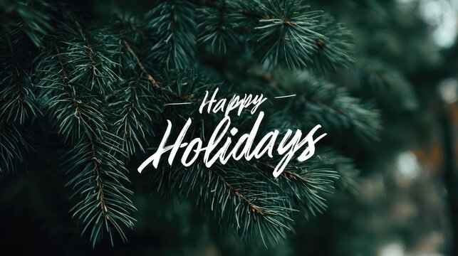 Festive happy holidays greeting written in elegant white script over a close up of dark green pine tree branches
