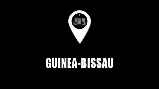Location pin icon with city skyline and Guinea-Bissau text on black background. GPS location tracking icon.