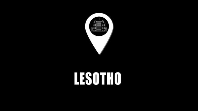 Location pin icon with city skyline and Lesotho text on black background. GPS location tracking icon.