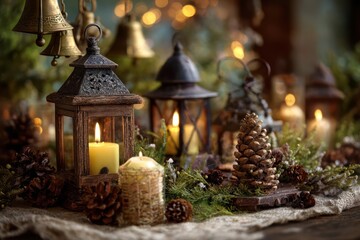Cozy christmas scene with glowing lanterns candles pinecones and festive bells creating a warm holiday atmosphere