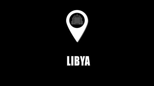 Location pin icon with city skyline and Libya text on black background. GPS location tracking icon.