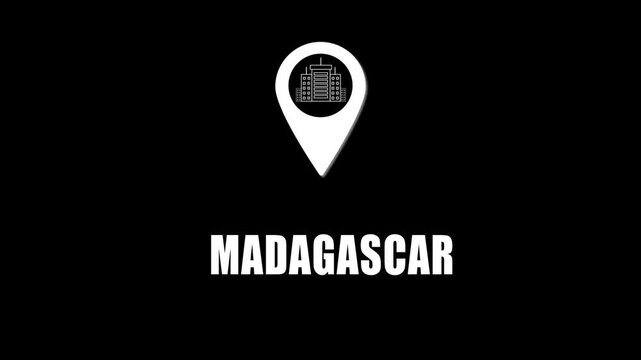 Location pin icon with city skyline and Madagascar text on black background. GPS location tracking icon.