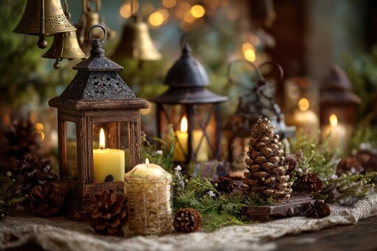 Cozy christmas scene with glowing lanterns candles pinecones and festive bells creating a warm holiday atmosphere