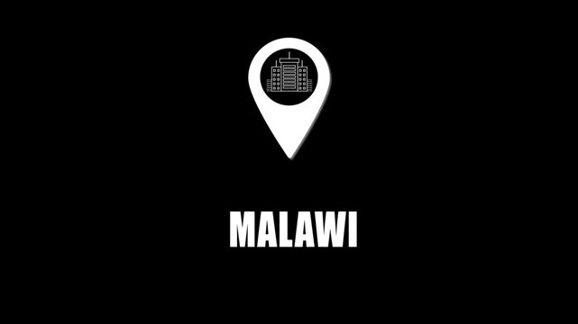 Location pin icon with city skyline and Malawi text on black background. GPS location tracking icon.