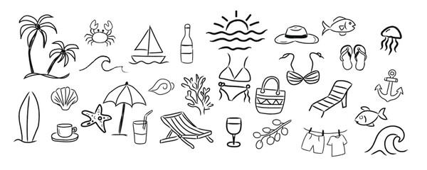 Hand-drawn doodle travel, beach, and surf vector illustration set featuring tropical coastal elements like palm trees, waves, surfboards, and the sun — perfect for summer themes.