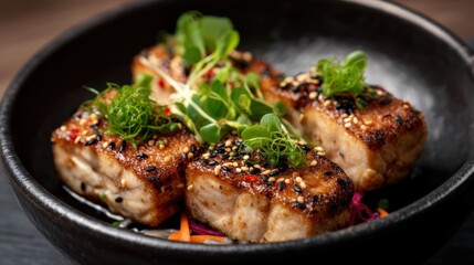 Korean street food, Delicious grilled meat served in a stylish black bowl.