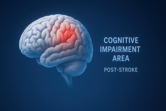 Cognitive impairment area highlighted on medical brain illustration showing post stroke damaged region with red inflammation effect and anatomical grey matter detail