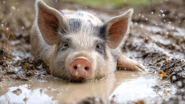 A pig with a happy face lies in a mud puddle