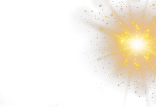Horizontal golden light rays with glare, flashes, and sparkling glow isolated on transparent background. Shining star effect PNG, golden sun light, bright gold flash, and shimmering powder 