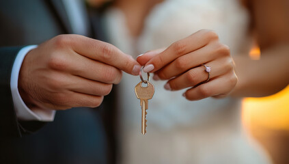 Married couple holding house key, celebrating new home, love, and future together after wedding