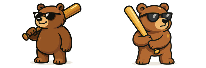 Cute bear wearing sunglasses holds a baseball bat with a confident expression in a fun cartoon illustration