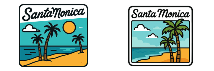 Colorful beach designs showcasing Santa Monica with palm trees and sunset near the ocean