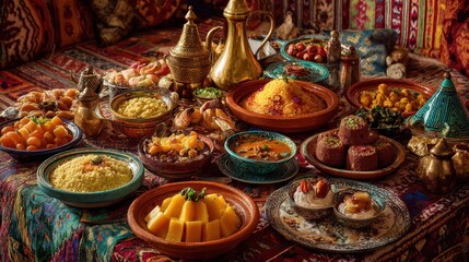 Fototapeta premium Moroccan family table filled with traditional Maghrebi dishes including couscous, tagine, harira soup, baklava and chebakia desserts, served on colorful ceramic plates, vibrant textiles and brass teap