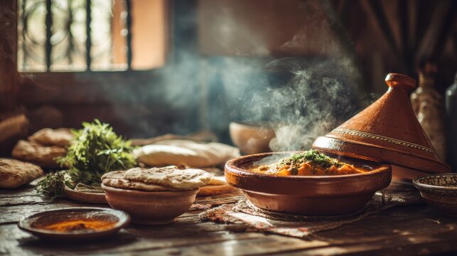 Traditional Moroccan kitchen scene with clay tagine steaming on a rustic table, bowl of harira soup beside, fresh herbs, spices and flatbread around. North African culinary culture