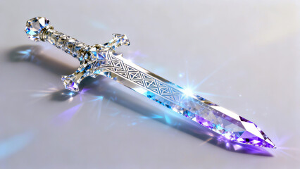 A stunning crystal sword with a faceted, transparent blade and ornate hilt, glowing with purple and blue hues, exuding a magical and luxurious aura